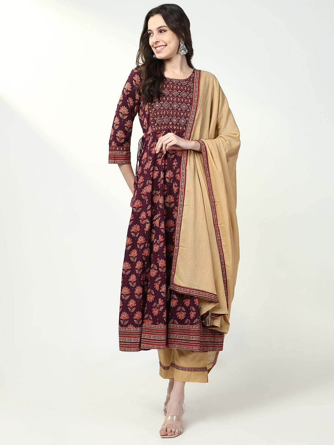 Women Floral Maroon Anarkali Kurta Set with Dupatta