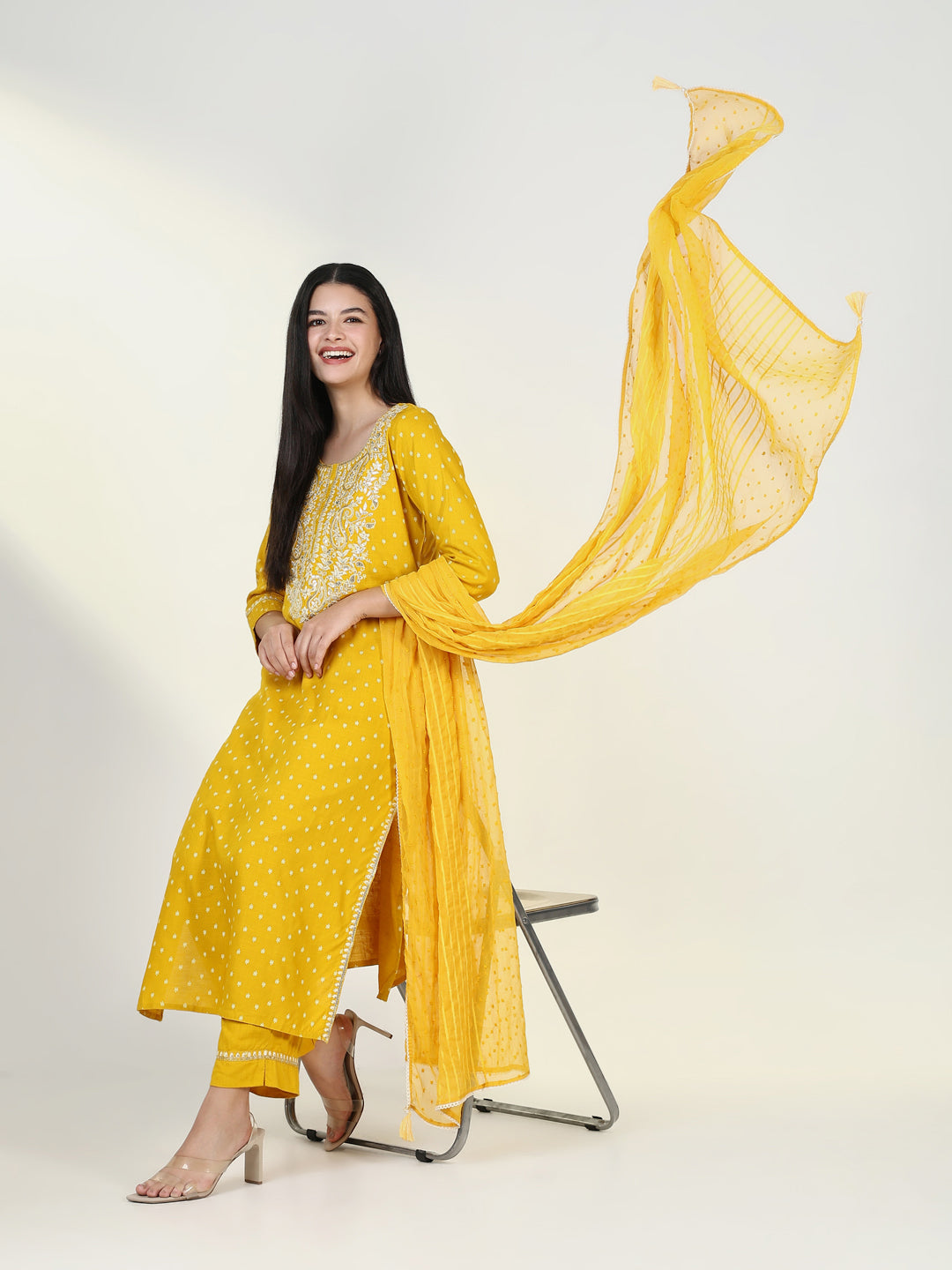 Women Graphic Yellow Kurta Set with Dupatta