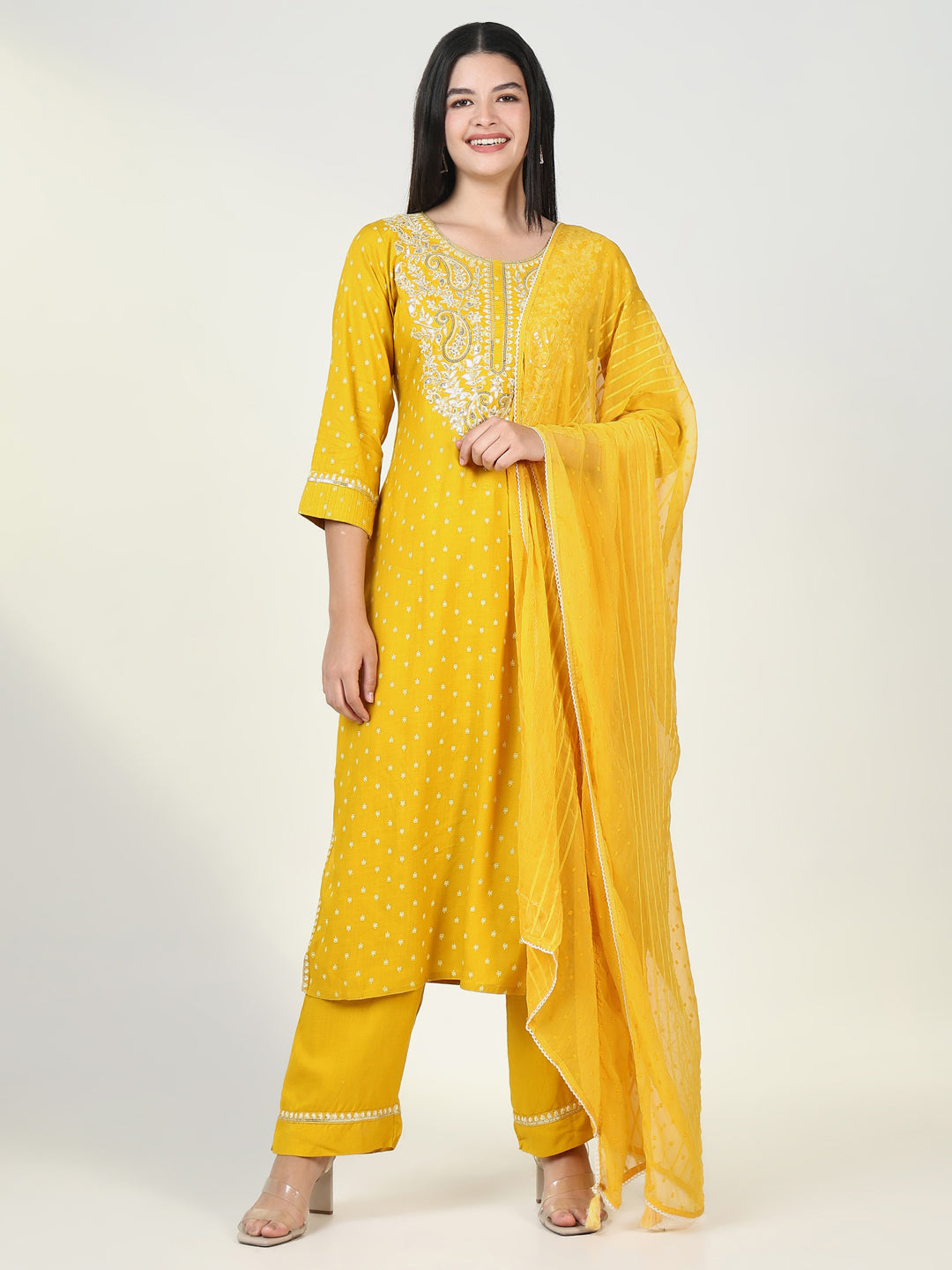 Women Graphic Yellow Kurta Set with Dupatta