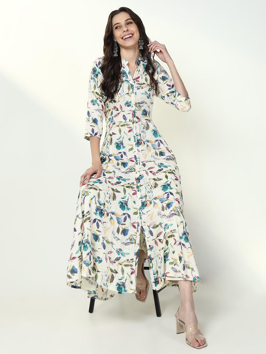 Women Off White Floral A Line Kurta