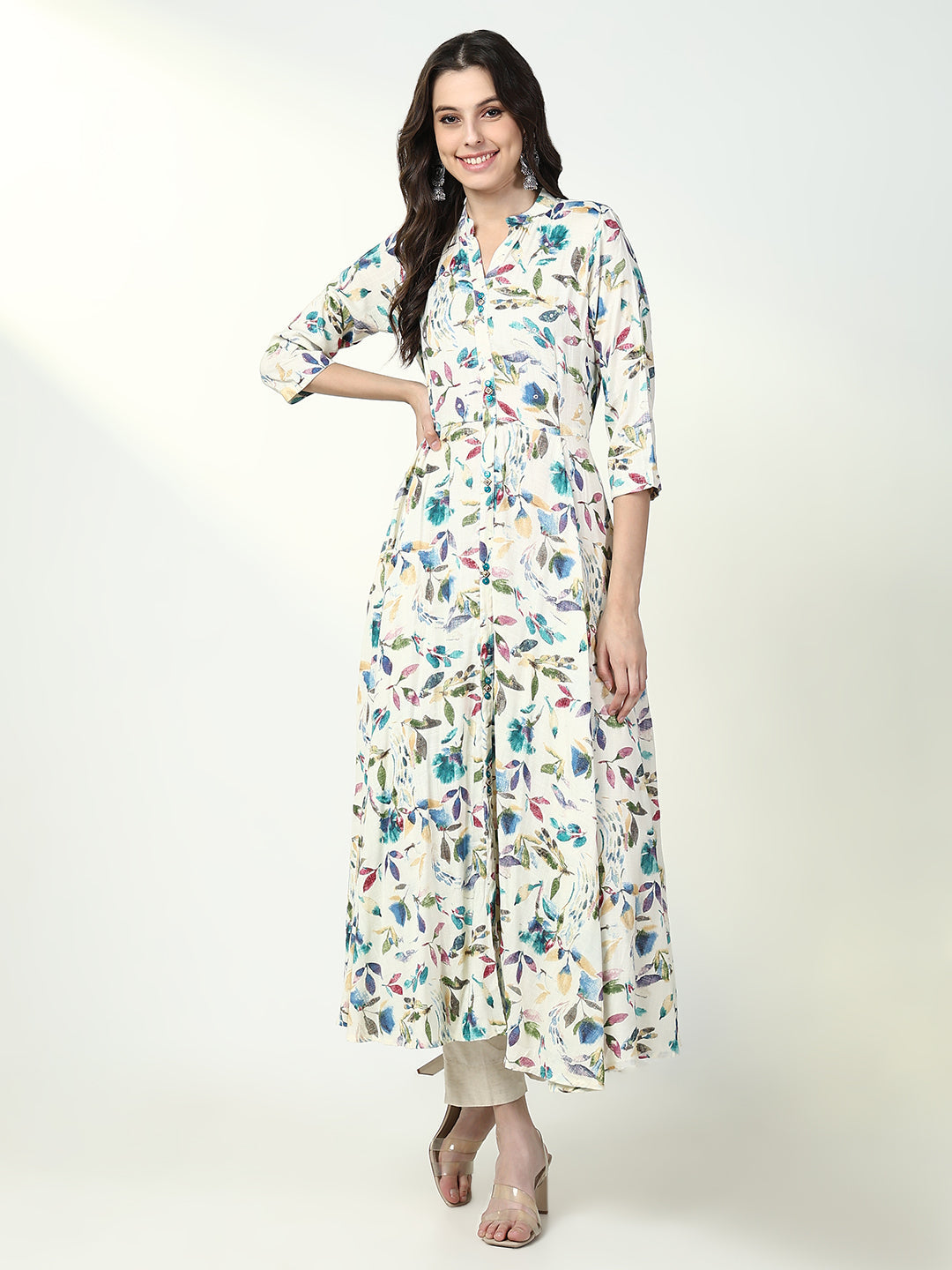 Women Off White Floral A Line Kurta