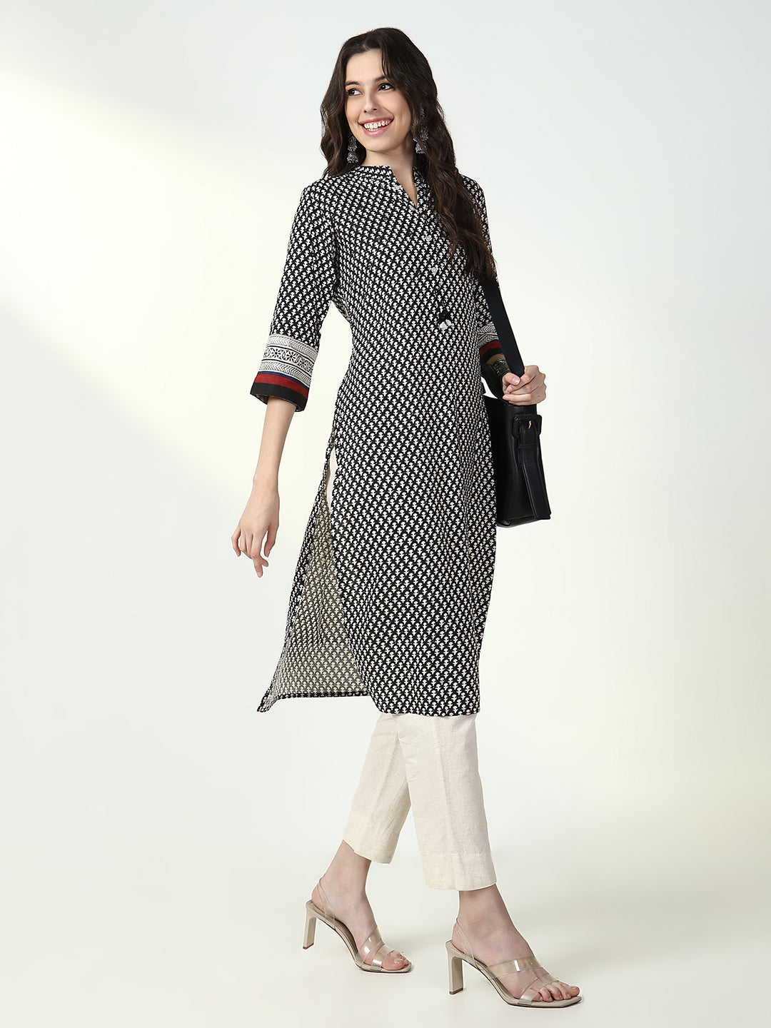 Women Black Floral Straight Kurta