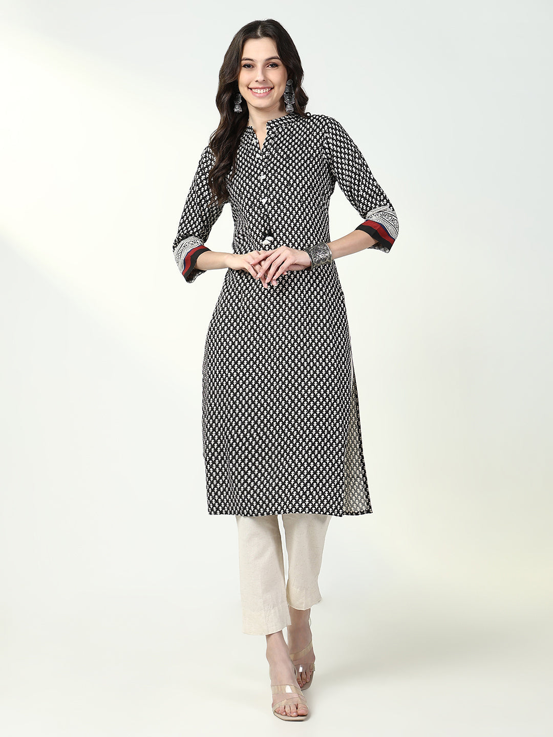 Women Black Floral Straight Kurta