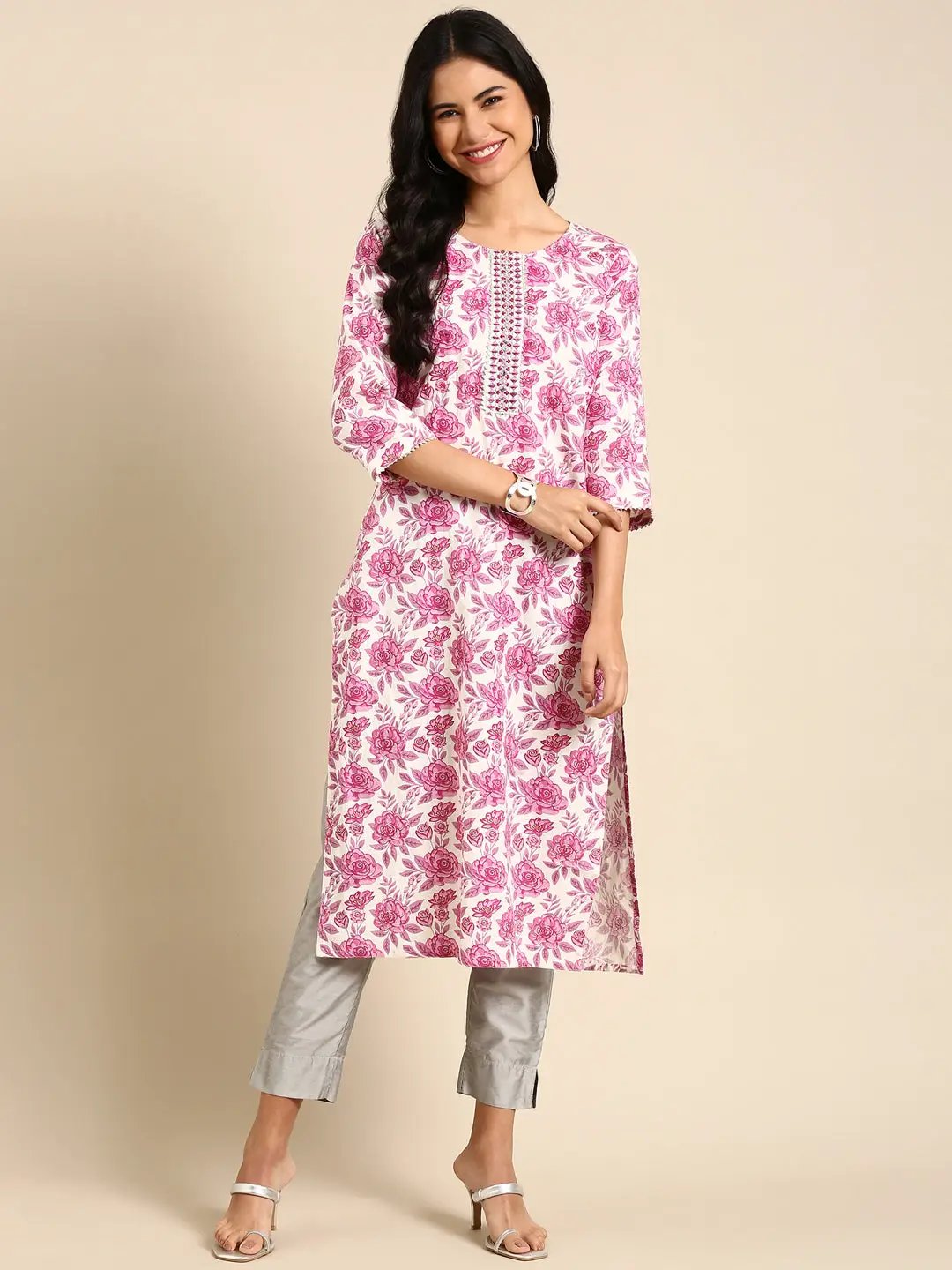 Women's Printed White Straight Kurta