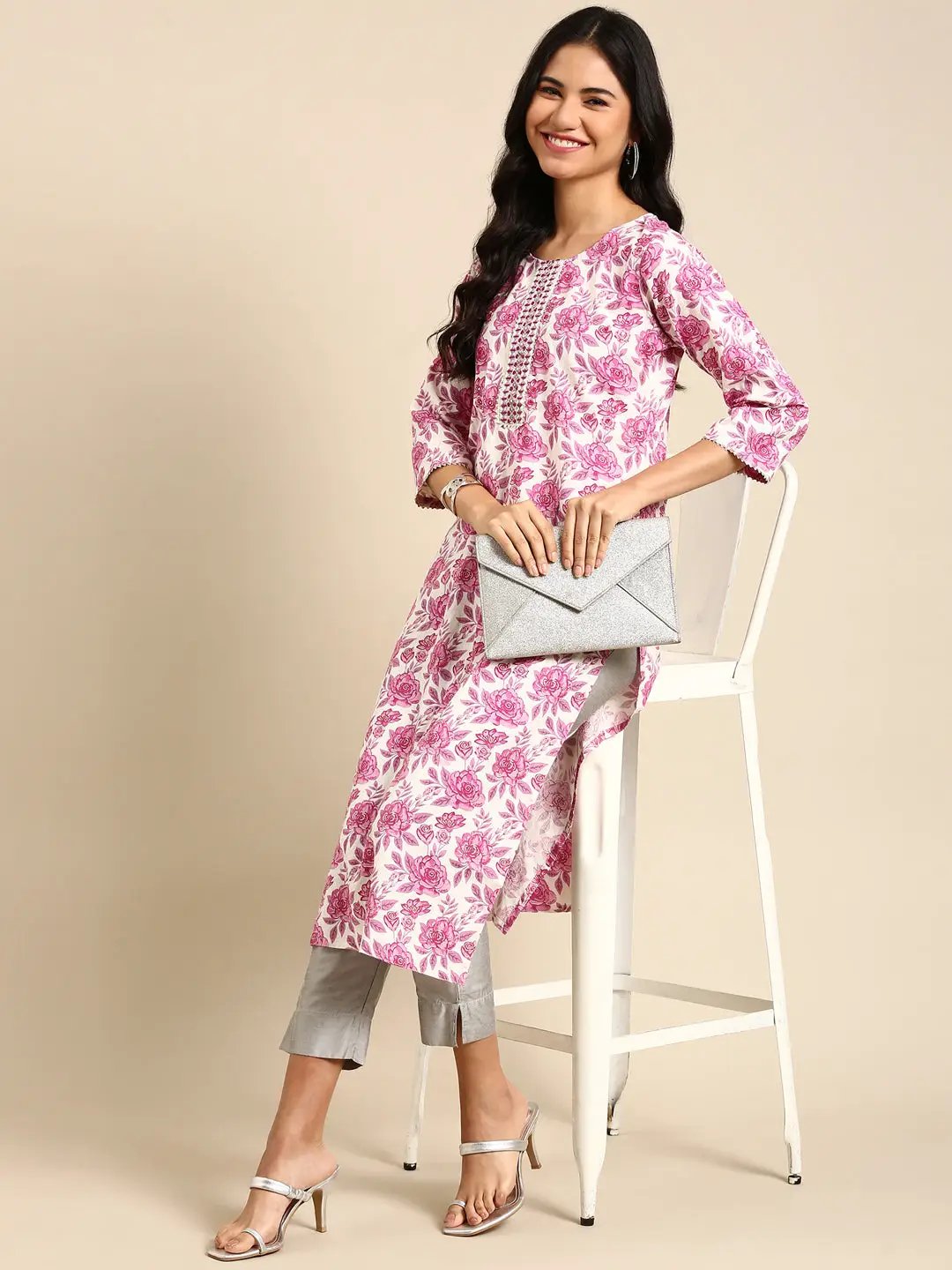 Women's Printed White Straight Kurta