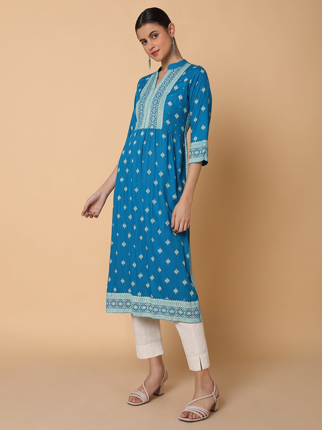 Women A Line Blue Ethnic Motifs Kurta