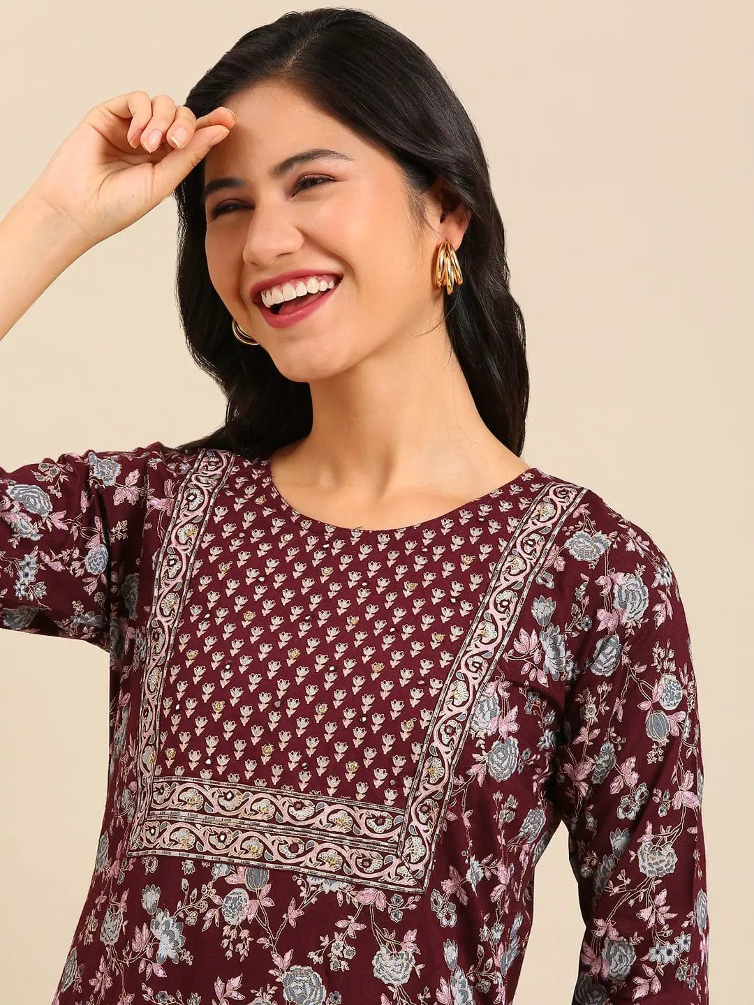 Women's Printed Burgundy Straight Kurta