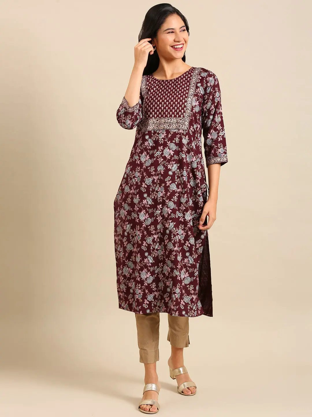 Women's Printed Burgundy Straight Kurta