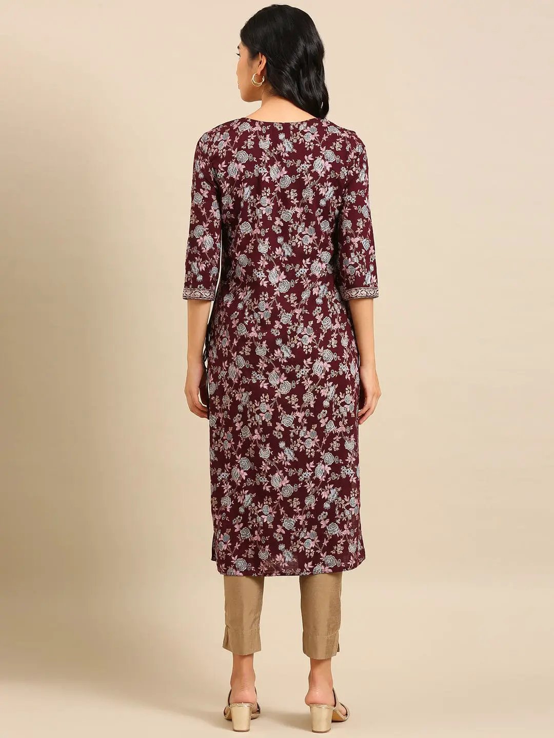 Women's Printed Burgundy Straight Kurta