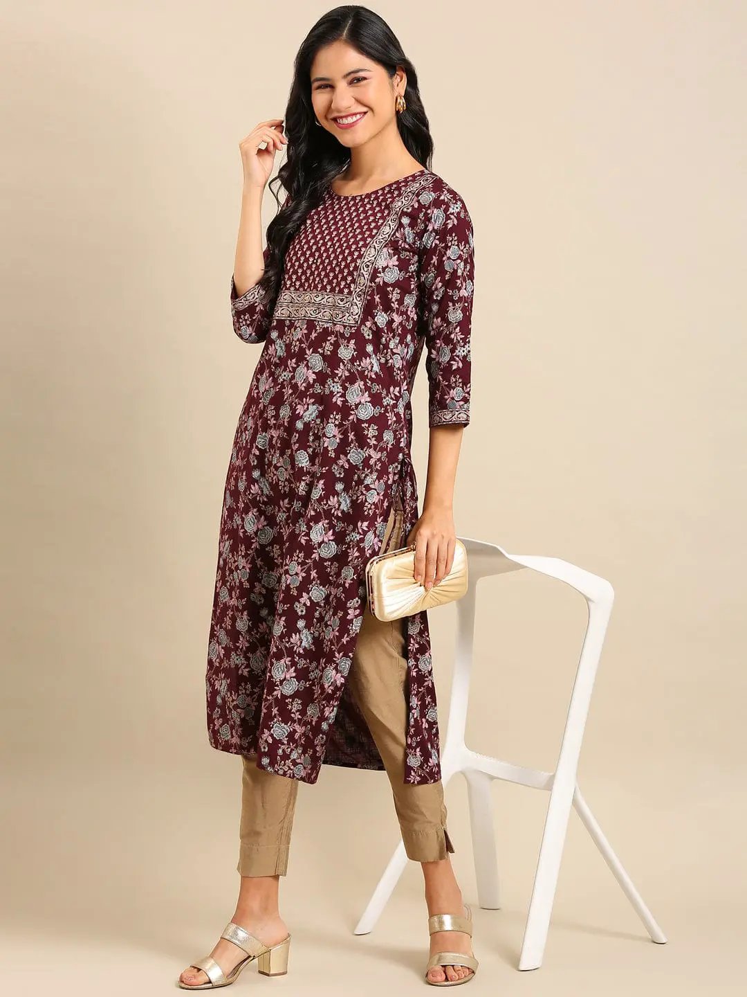 Women's Printed Burgundy Straight Kurta
