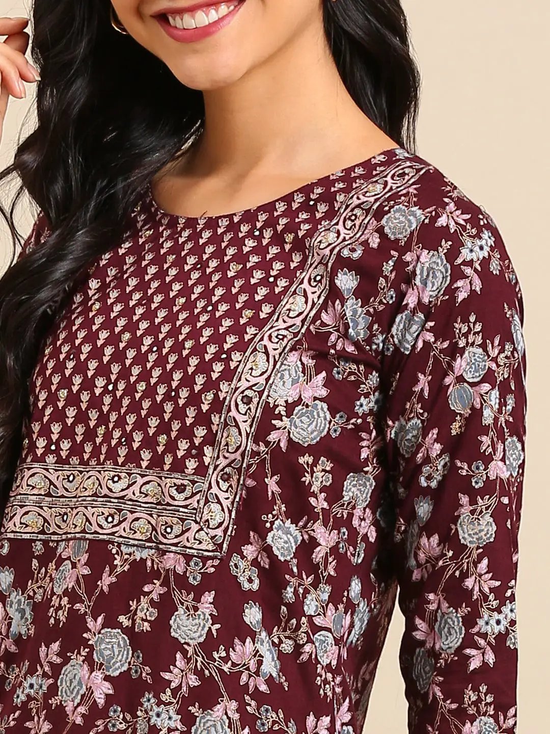 Women's Printed Burgundy Straight Kurta