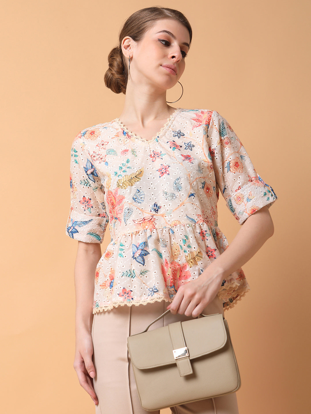 Women Floral Cream A-Line Schiffli Top