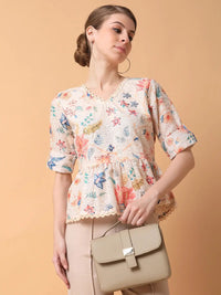 Women's Cream V-Neck Cotton Top