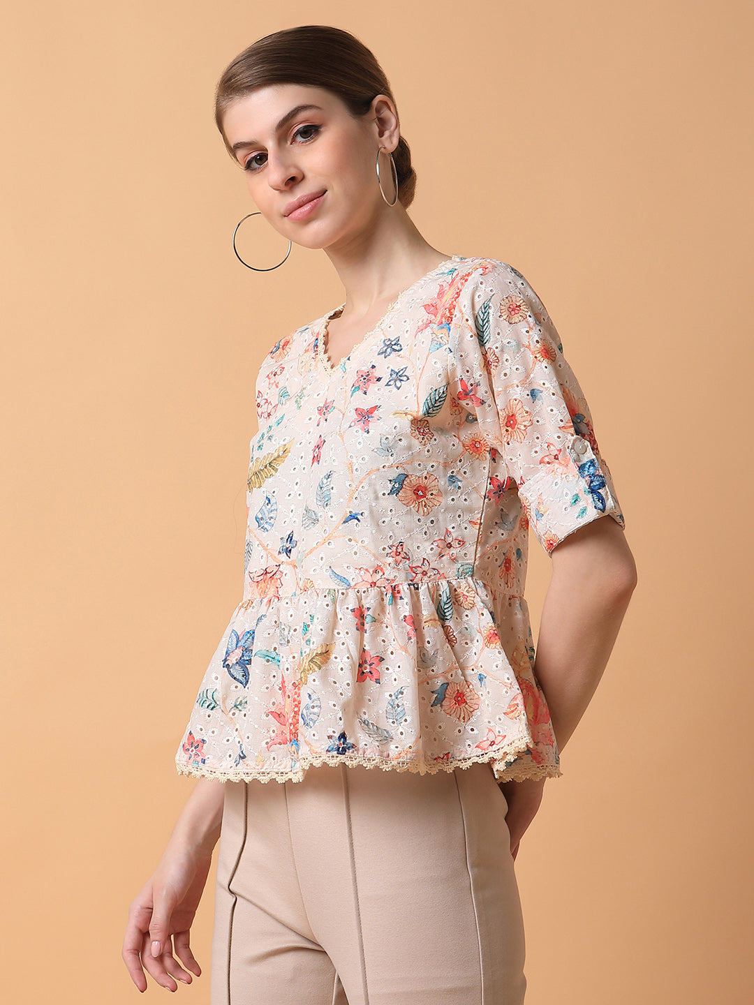 Women Floral Cream A-Line Schiffli Top