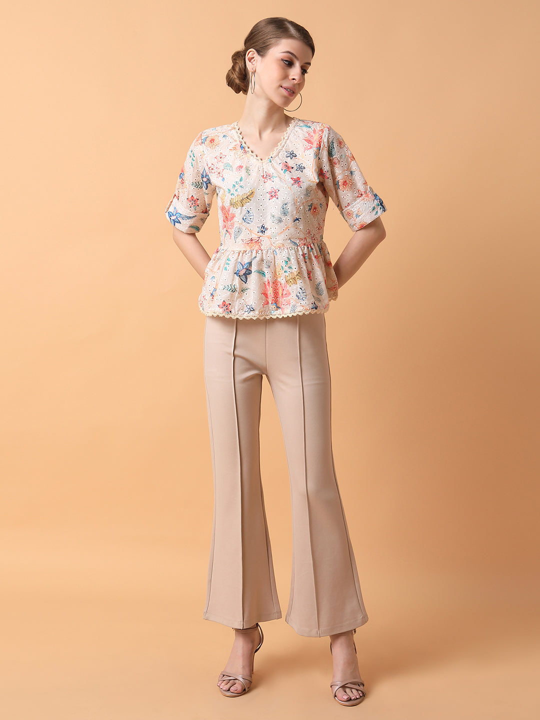 Women Floral Cream A-Line Schiffli Top