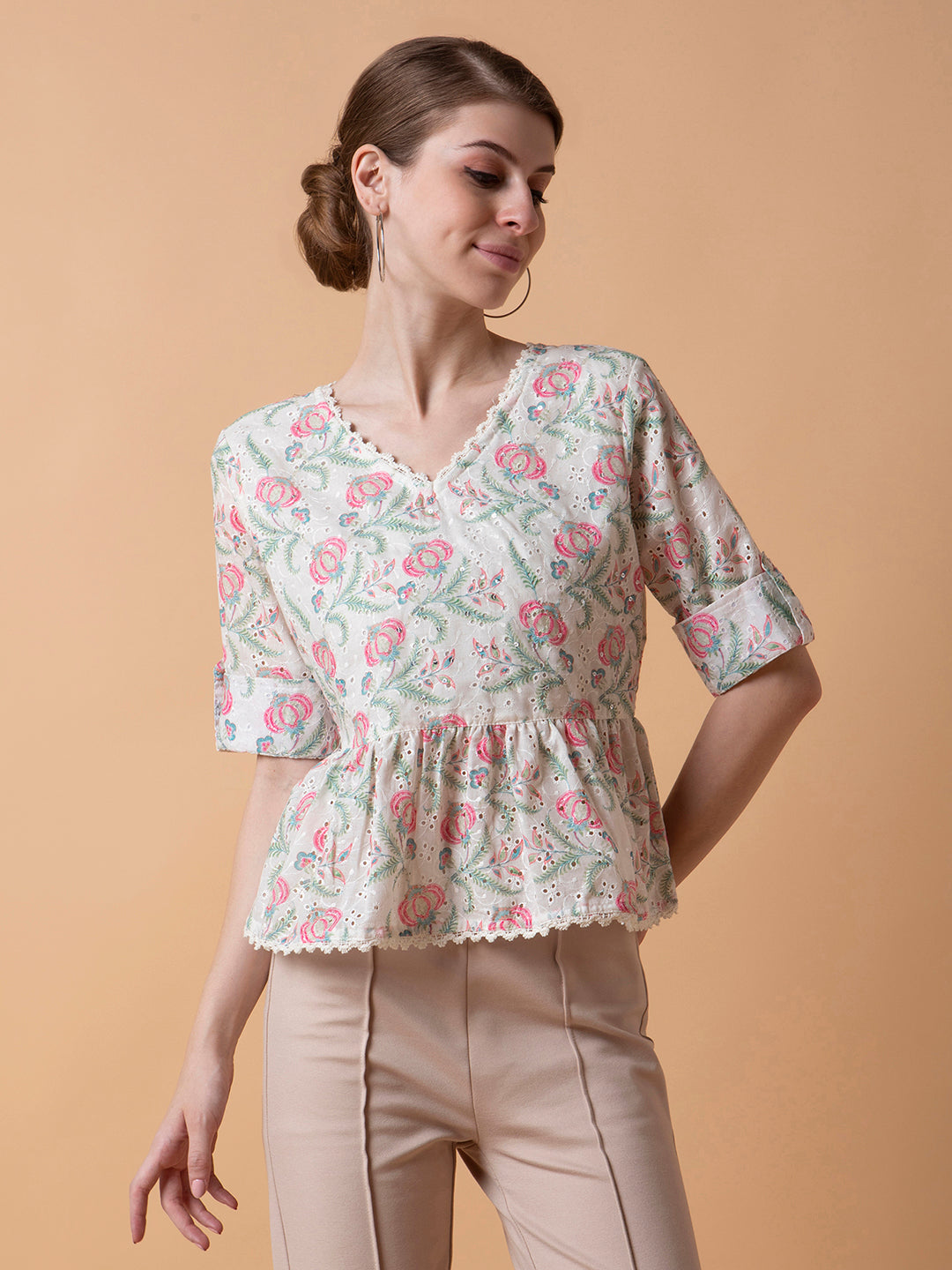 Women Floral Off White A-Line Schiffli Top