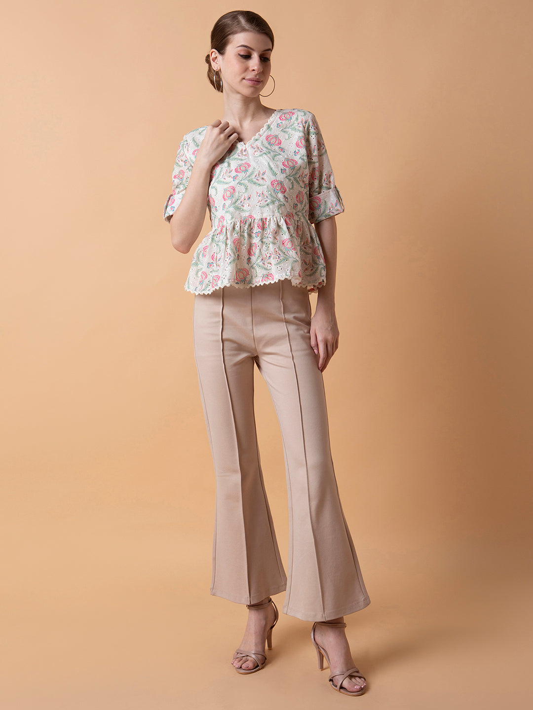 Women Floral Off White A-Line Schiffli Top