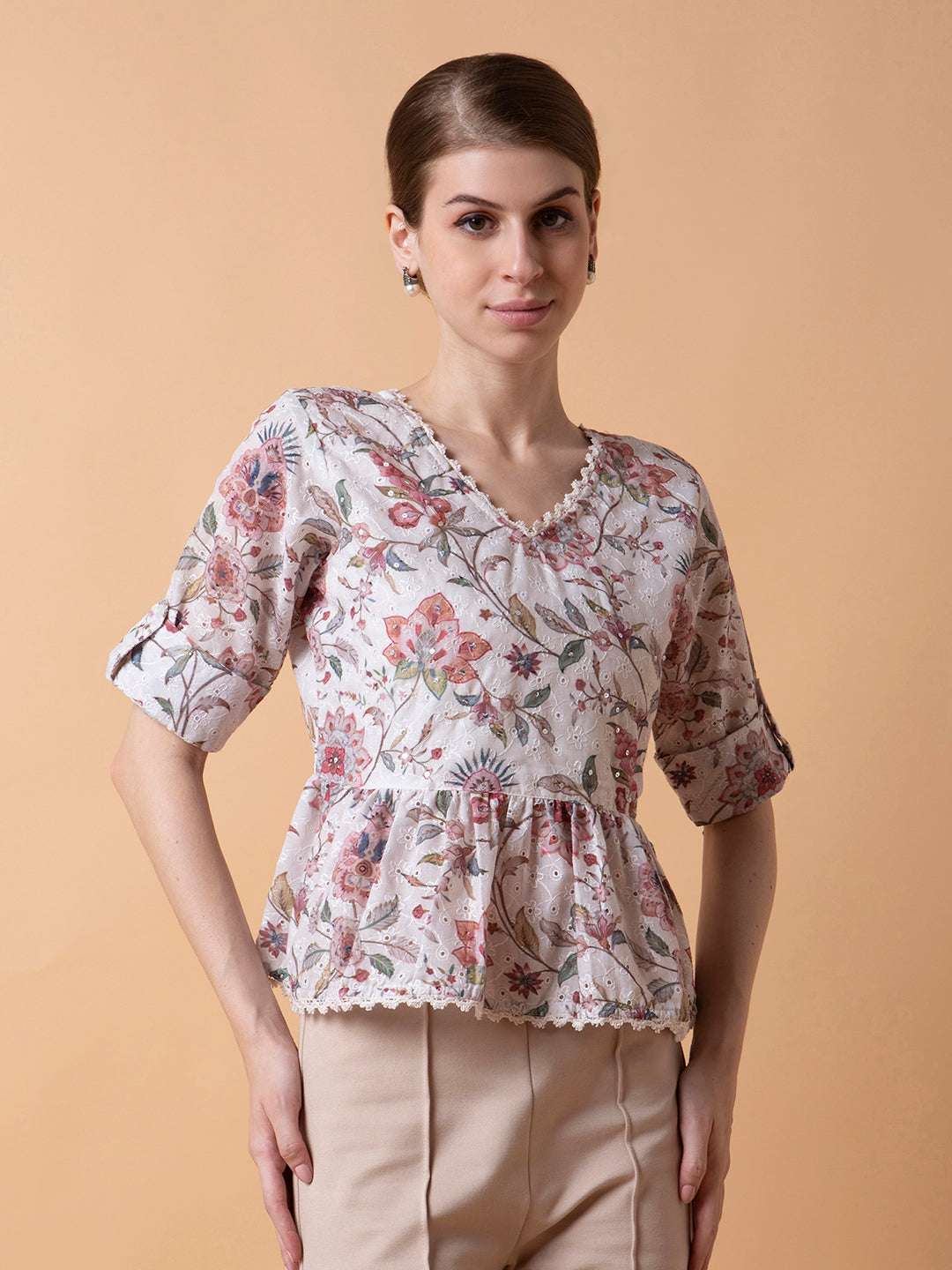 Women Floral White A-Line Schiffli Top