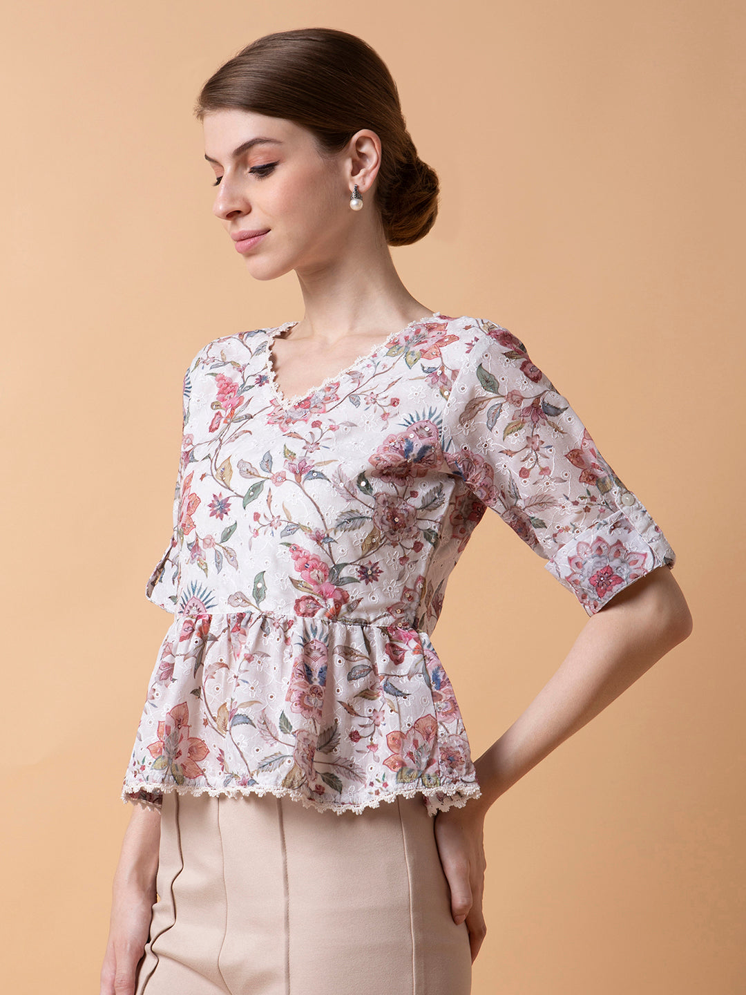 Women Floral White A-Line Schiffli Top