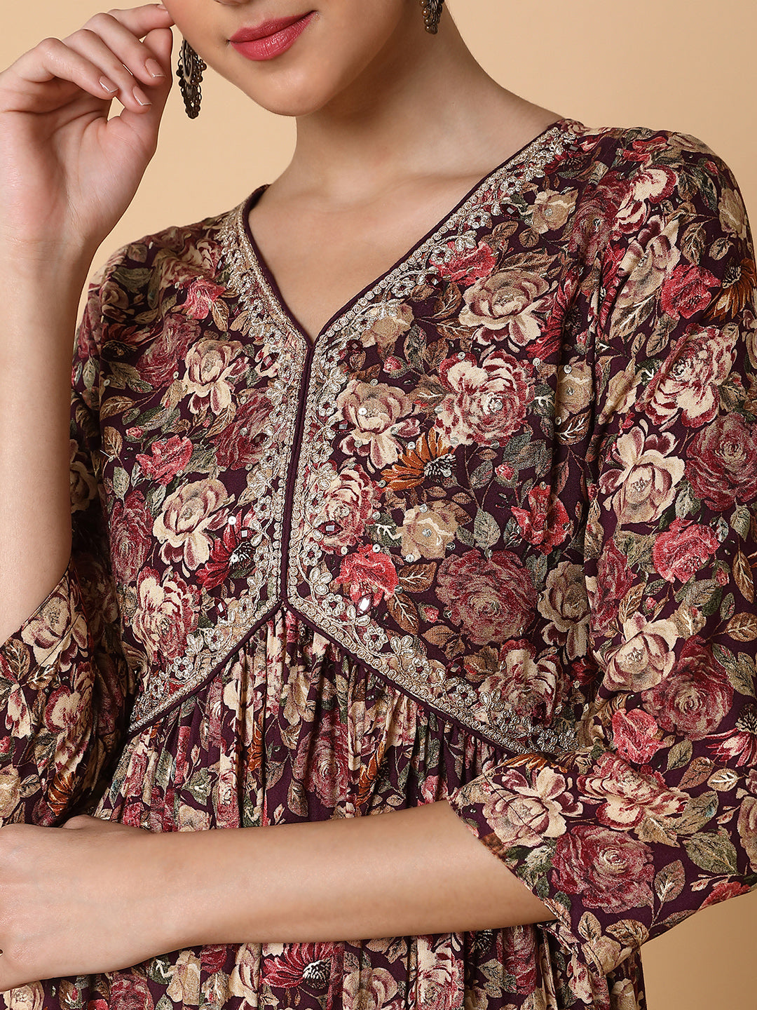 Women Floral Maroon Anarkali Kurta