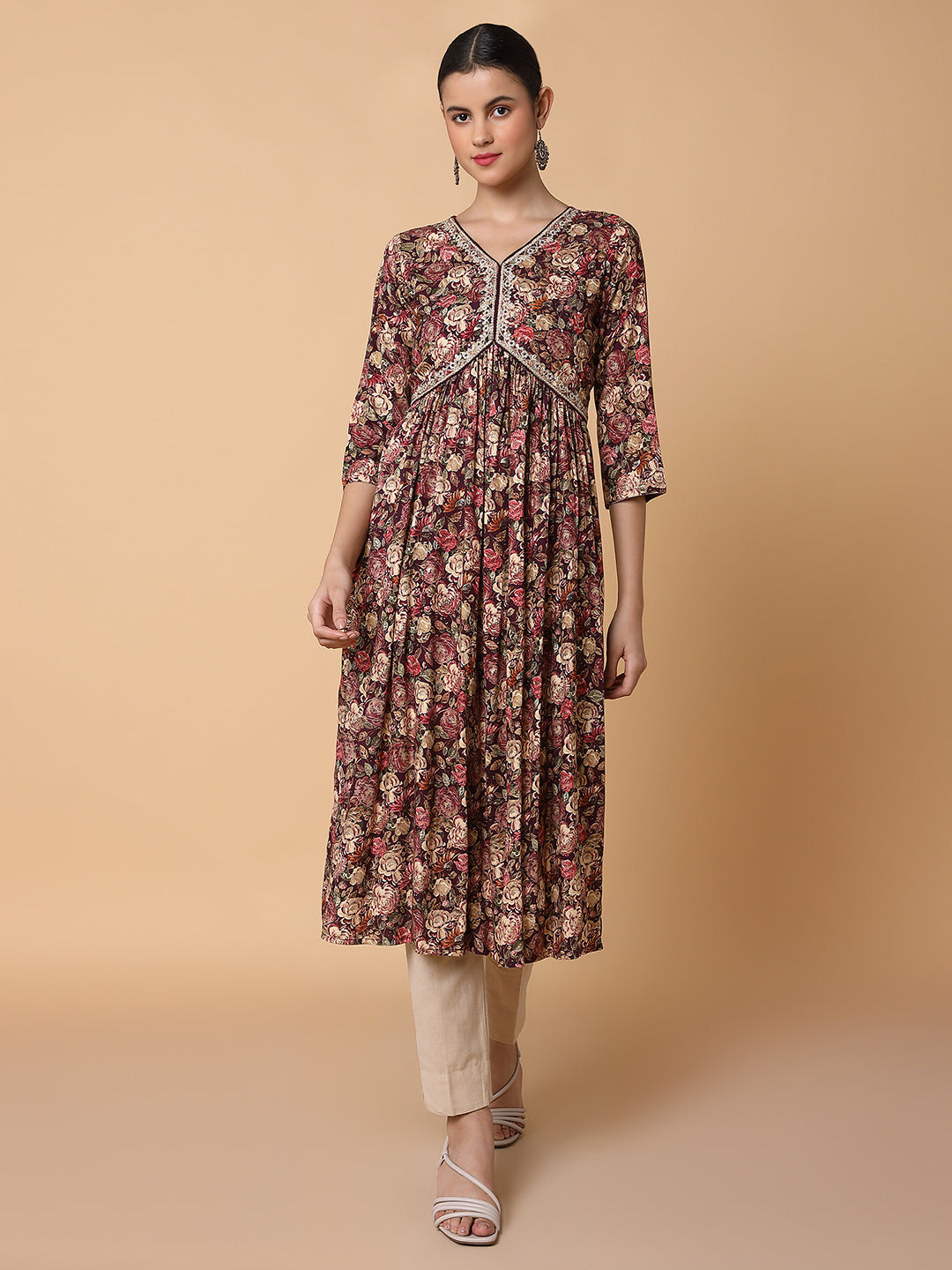 Women Floral Maroon Anarkali Kurta