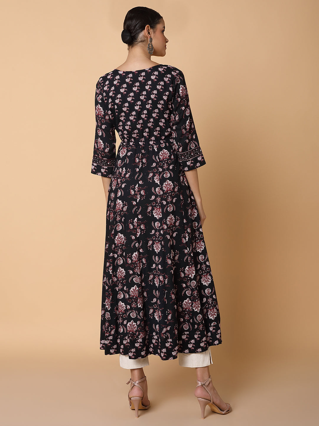 Women Floral Sequins Black Anarkali Kurta