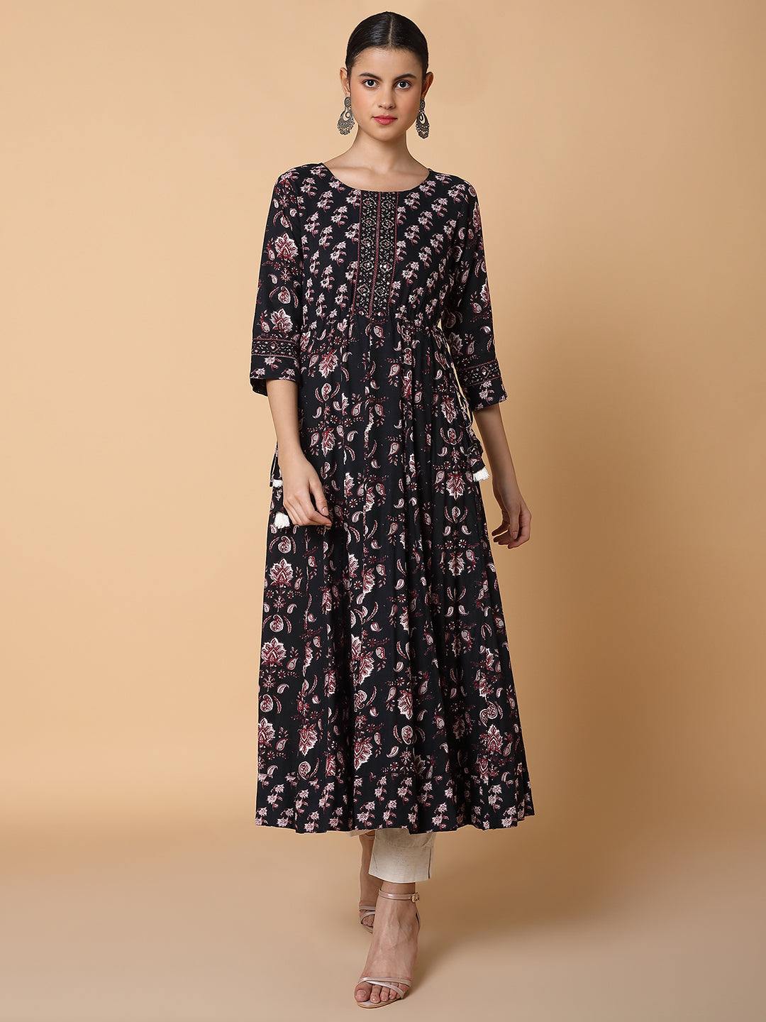 Women Floral Sequins Black Anarkali Kurta