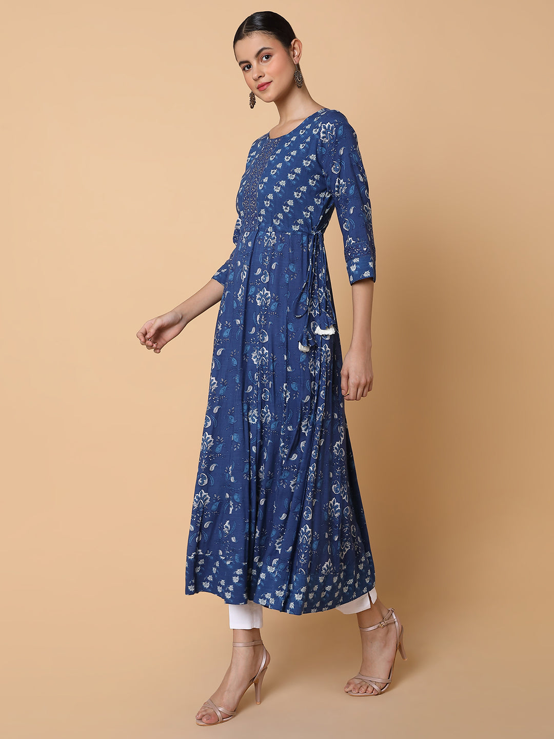 Women Floral Sequins Blue Anarkali Kurta