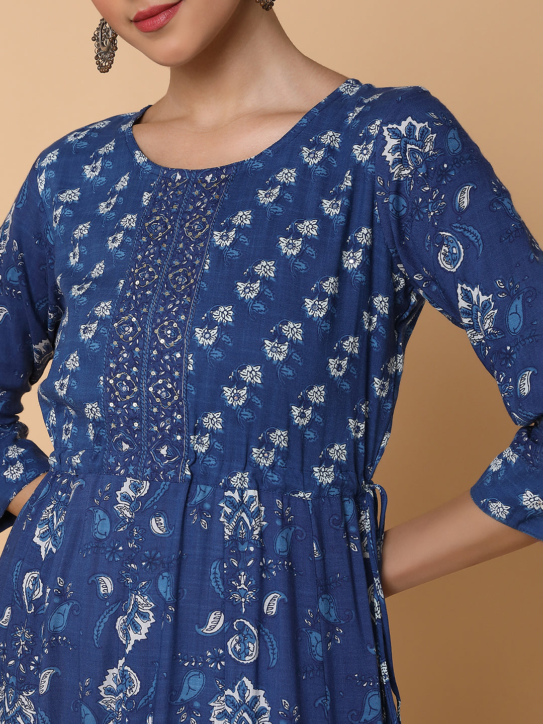 Women Floral Sequins Blue Anarkali Kurta