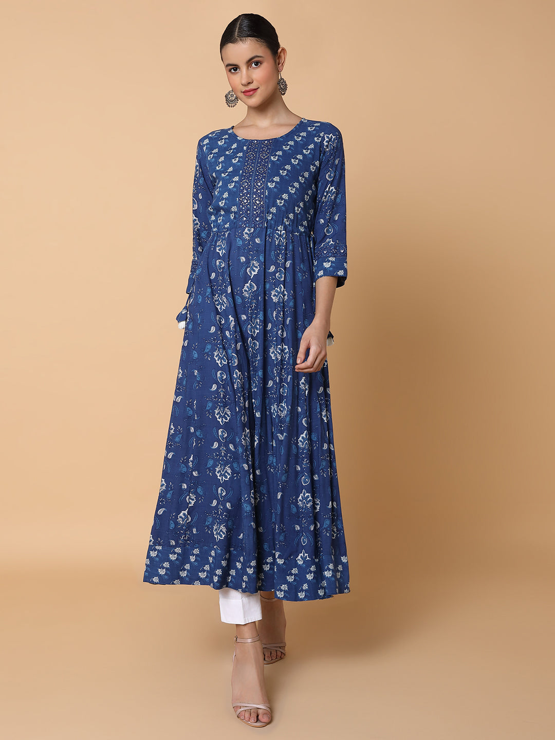 Women Floral Sequins Blue Anarkali Kurta