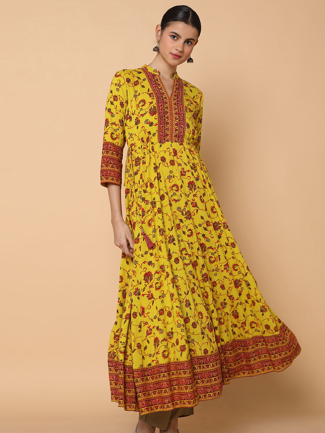 Women Floral Mustard Anarkali Kurta