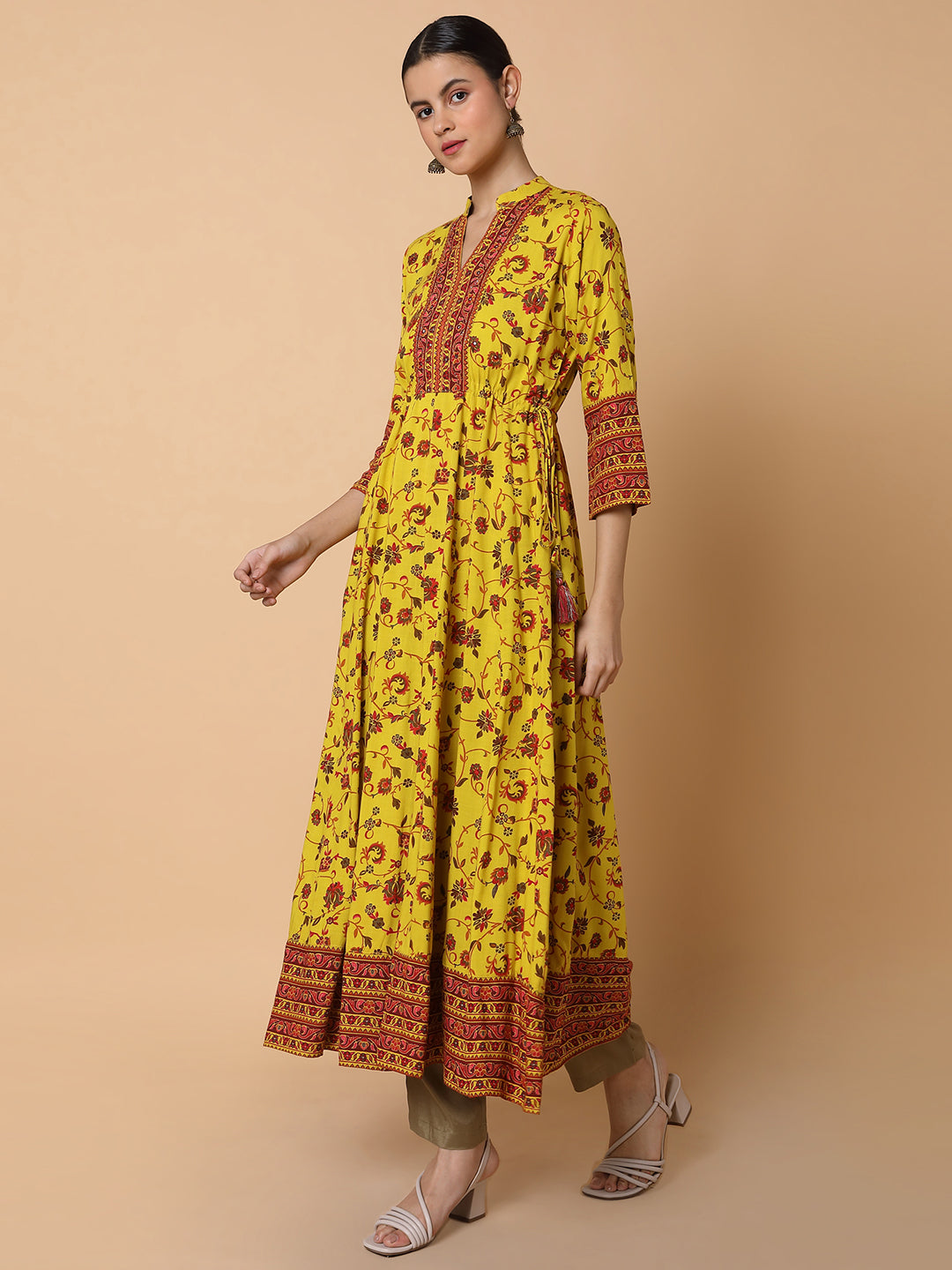 Women Floral Mustard Anarkali Kurta