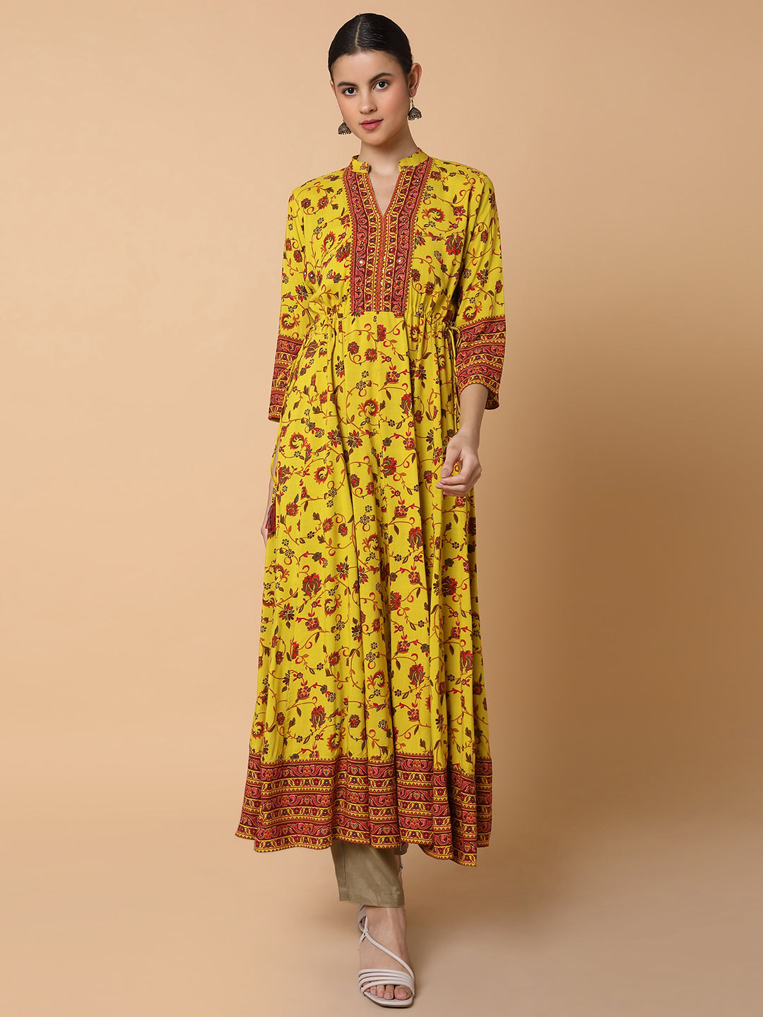 Women Floral Mustard Anarkali Kurta