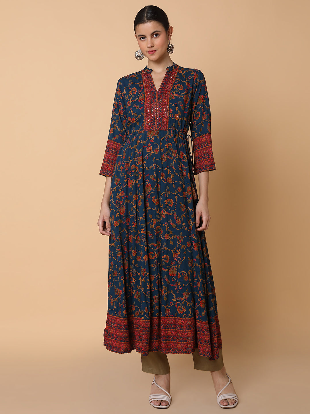 Women Floral Teal Anarkali Kurta