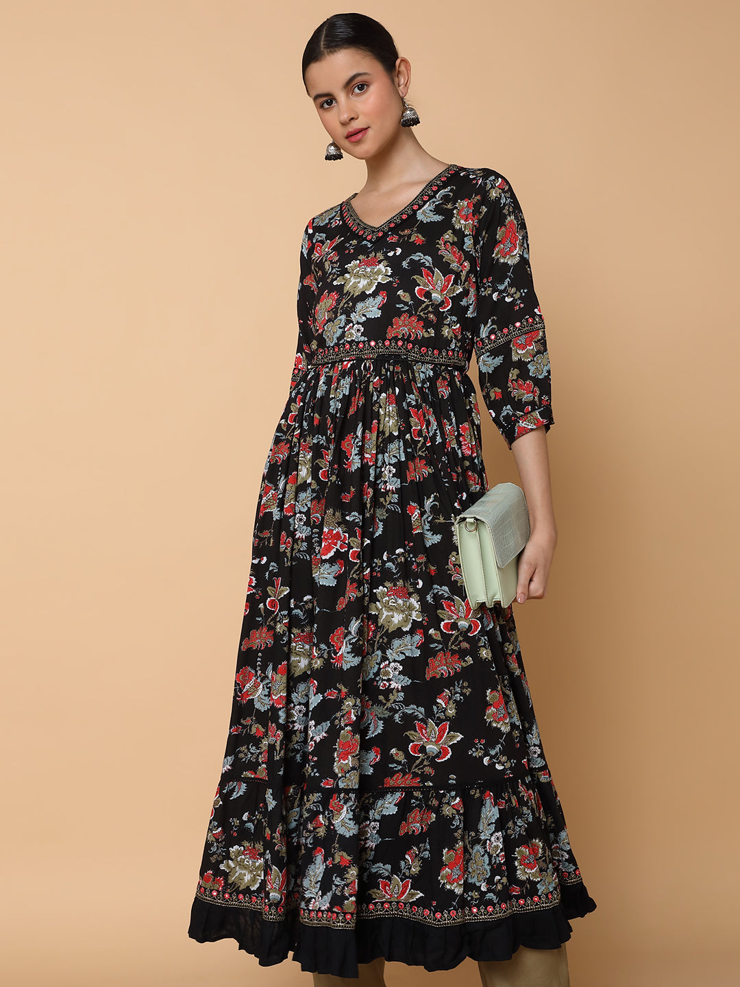 Women Floral Black Anarkali Kurta