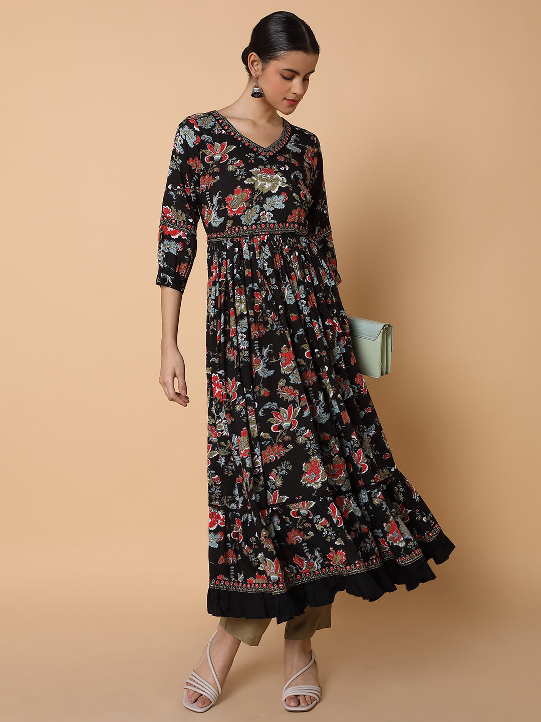 Women Floral Black Anarkali Kurta