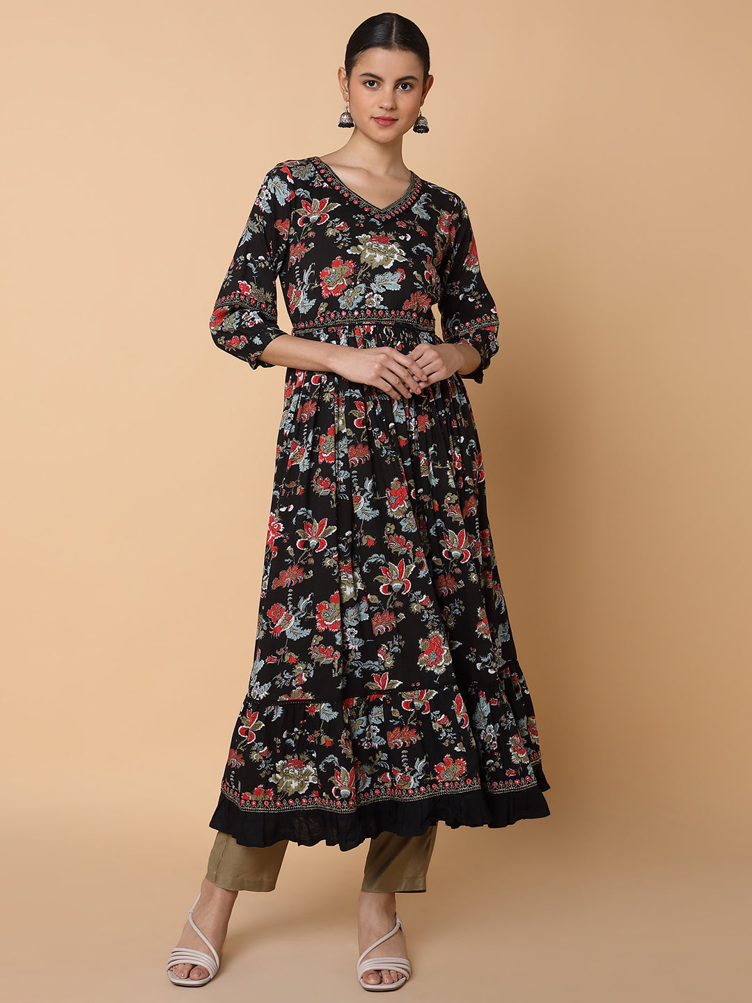 Women Floral Black Anarkali Kurta