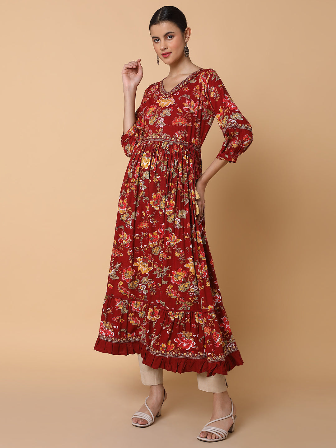 Women Floral Maroon Anarkali Kurta