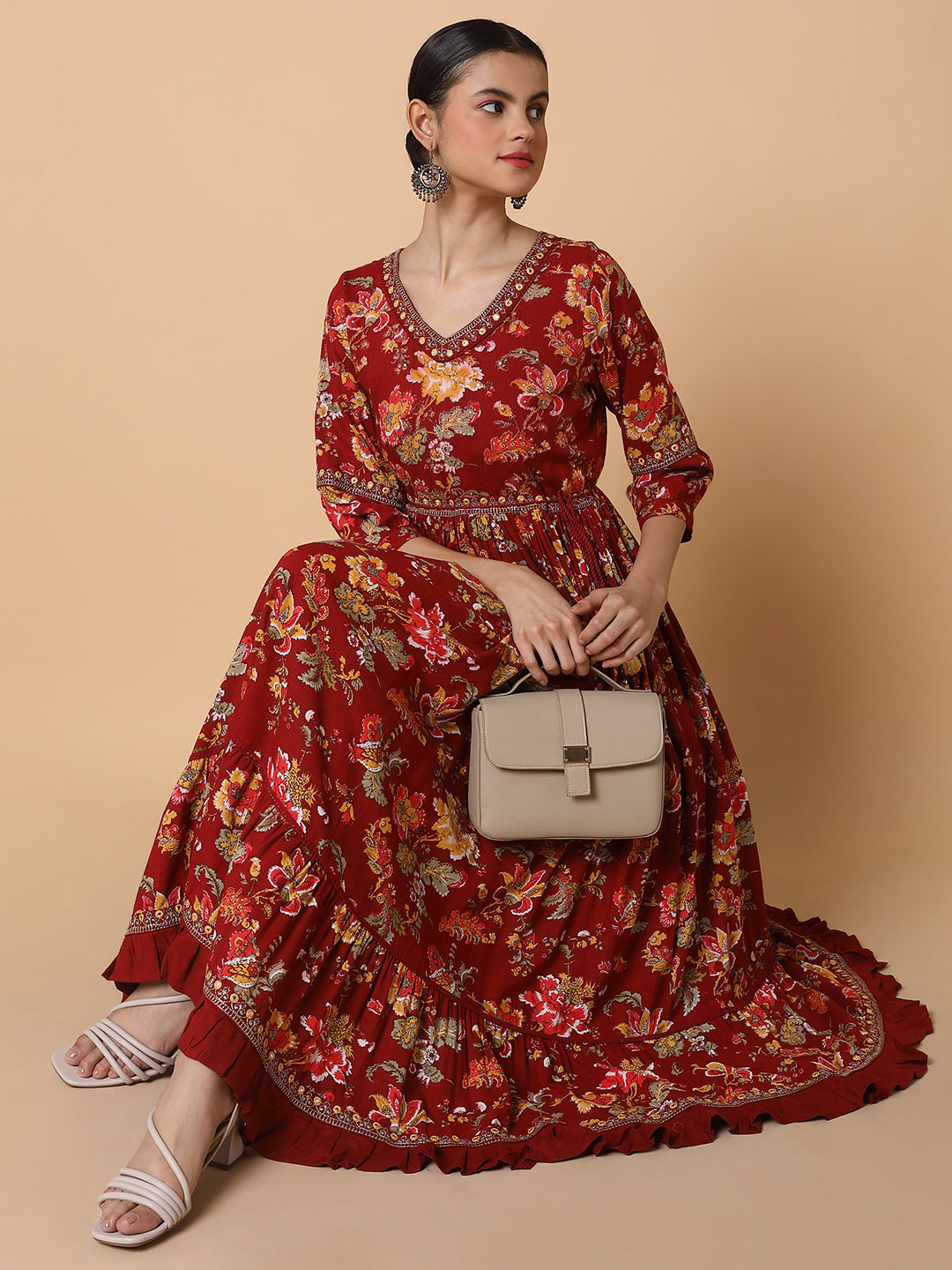 Women Floral Maroon Anarkali Kurta