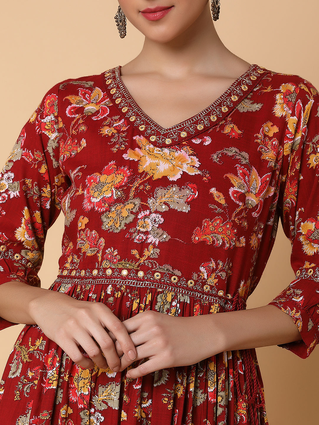 Women Floral Maroon Anarkali Kurta