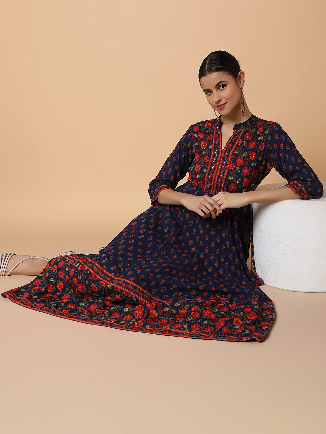 Women Floral Navy Blue Anarkali Kurta