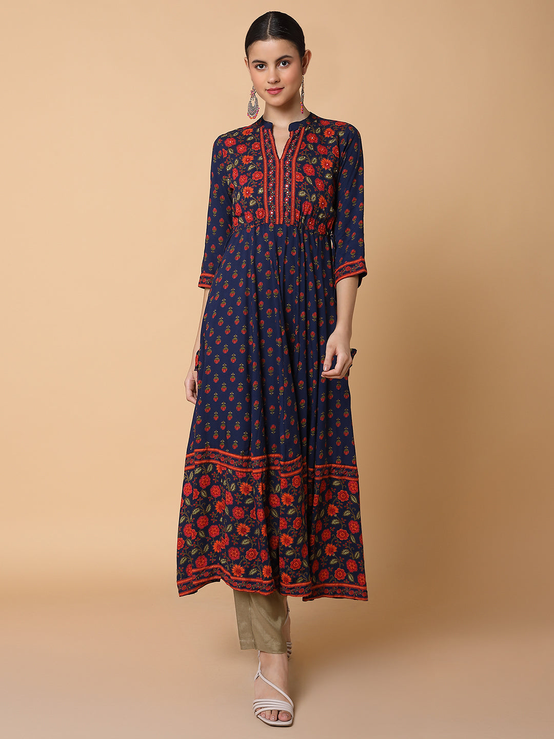 Women Floral Navy Blue Anarkali Kurta