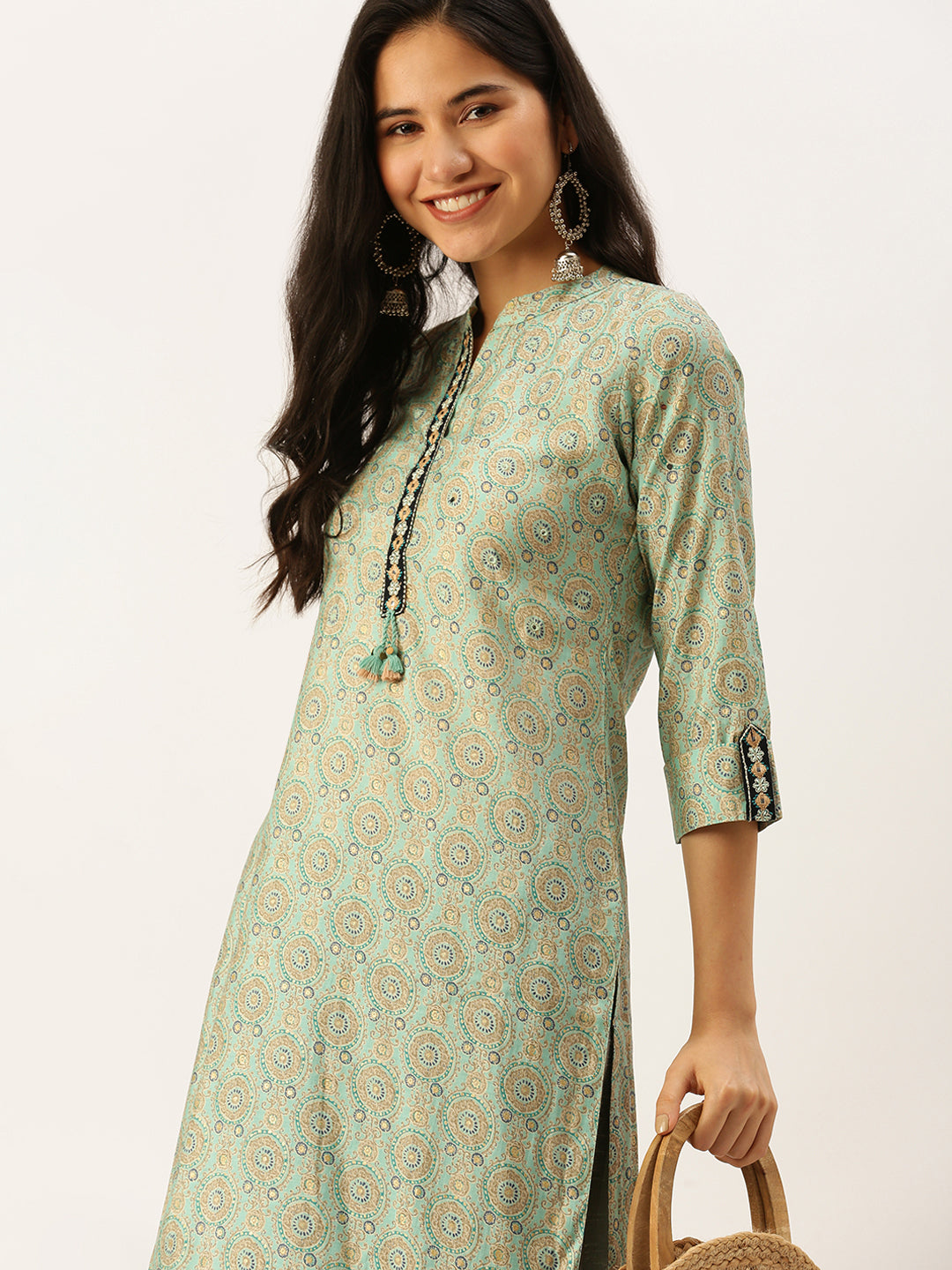 Women Mandarin Collar Printed Sea Green Straight Kurta