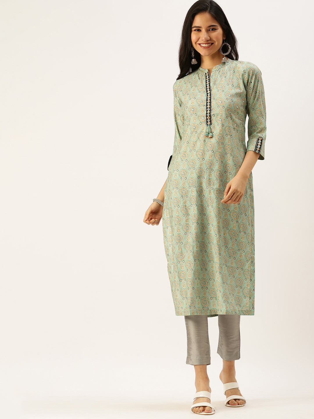 Women Mandarin Collar Printed Sea Green Straight Kurta