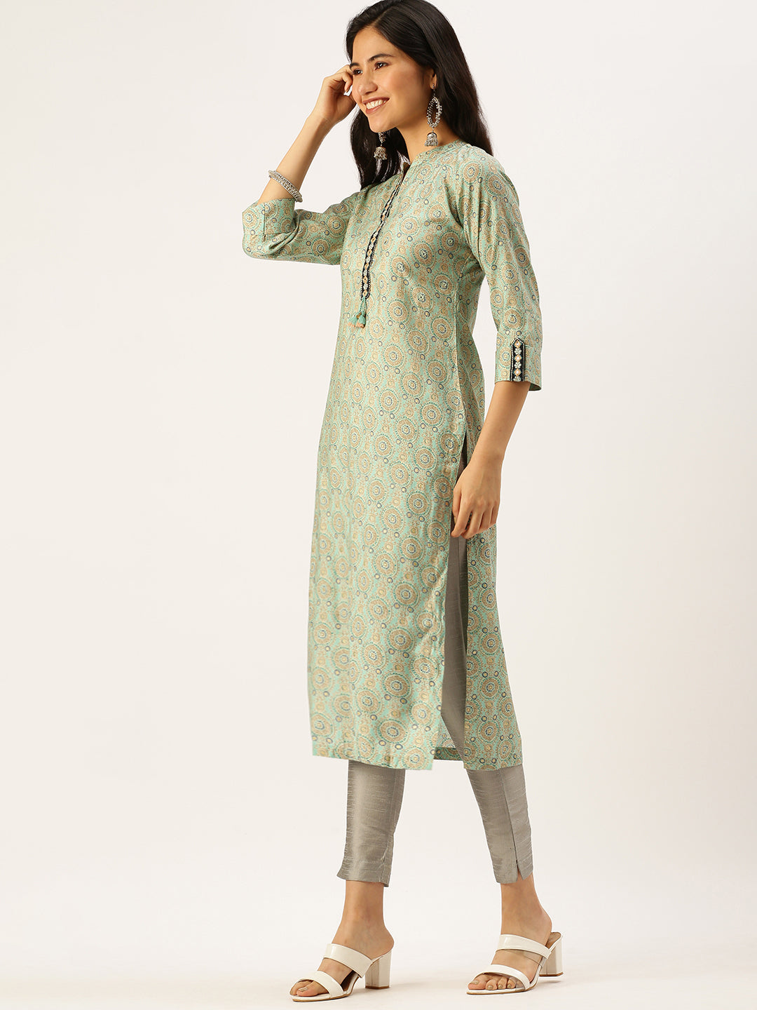 Women Mandarin Collar Printed Sea Green Straight Kurta