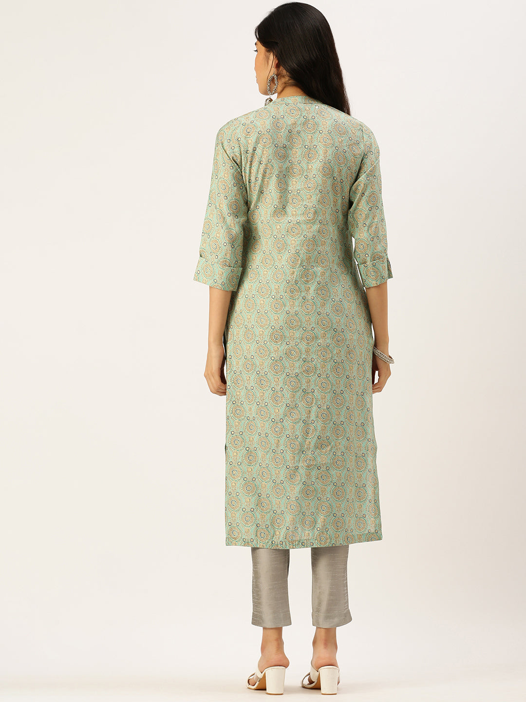 Women Mandarin Collar Printed Sea Green Straight Kurta