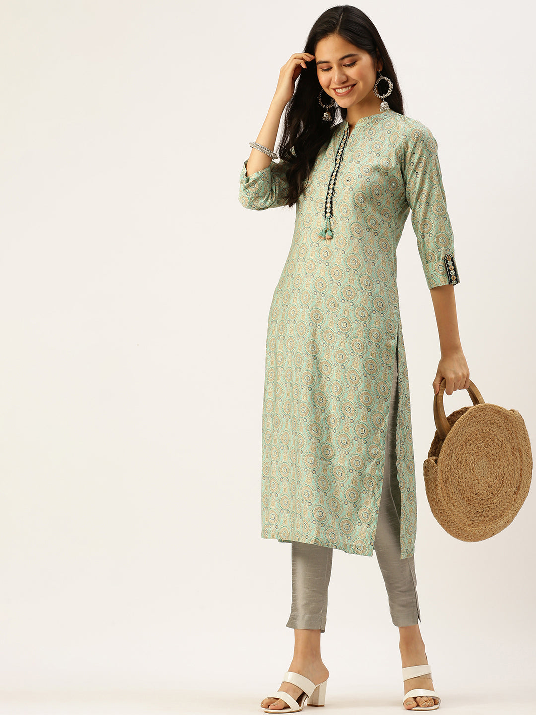 Women Mandarin Collar Printed Sea Green Straight Kurta