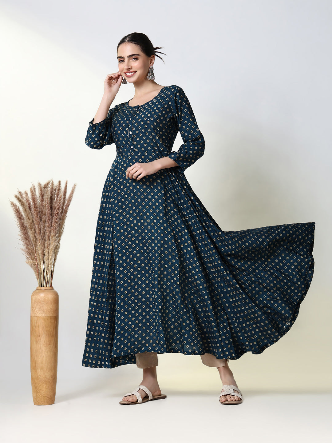 Women Teal Bandhani Anarkali Kurta