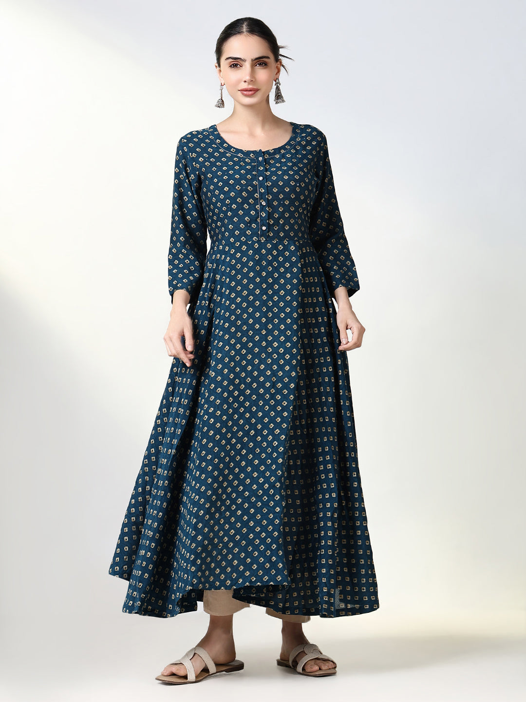 Women Teal Bandhani Anarkali Kurta