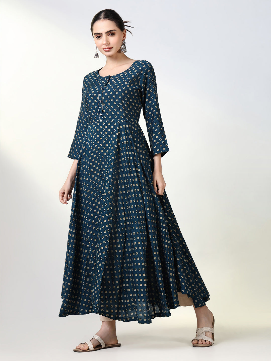 Women Teal Bandhani Anarkali Kurta